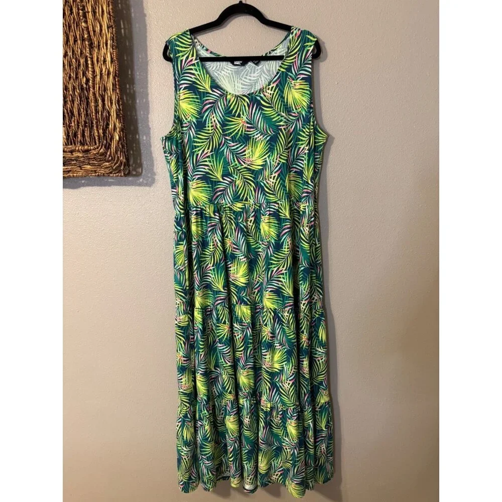 Lands End Maxi Tiered Dress 1X Stretch Cotton Modal Floral Washable NEW